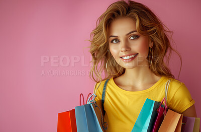 Portrait, shopping bags and woman with retail, customer and luxury on pink studio background. Face, person and model with discount deal, products on sale and client with items, purchase and promotion