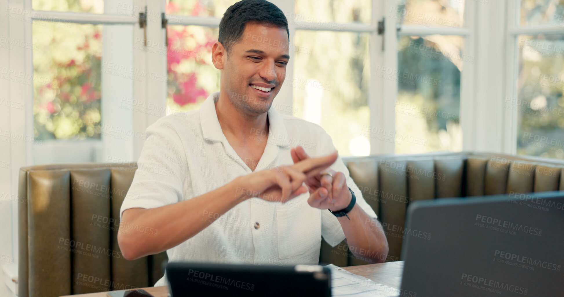 Buy stock photo Happy man, laptop and video call with sign language for webinar, virtual meeting or discussion at home. Male person with smile for hand, speech or online communication and remote work on computer