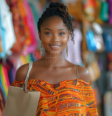 Portrait, bags and black woman with fashion, shopping and luxury with market, culture and buying. Face, person or package with discount, products on sale or customer with purchase, smile or retail