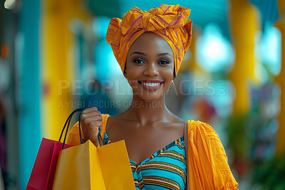 Portrait, bags and black woman with retail, customer and luxury with products on sale, discount deal and purchase. Face, person and model with smile, package and client with items, smile or promotion