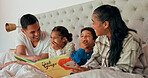 Reading, parents and children in bedroom with book, teaching and happy family learning in home. Knowledge, fantasy and mom, dad and kids relax on bed together with love, care and storytelling time.