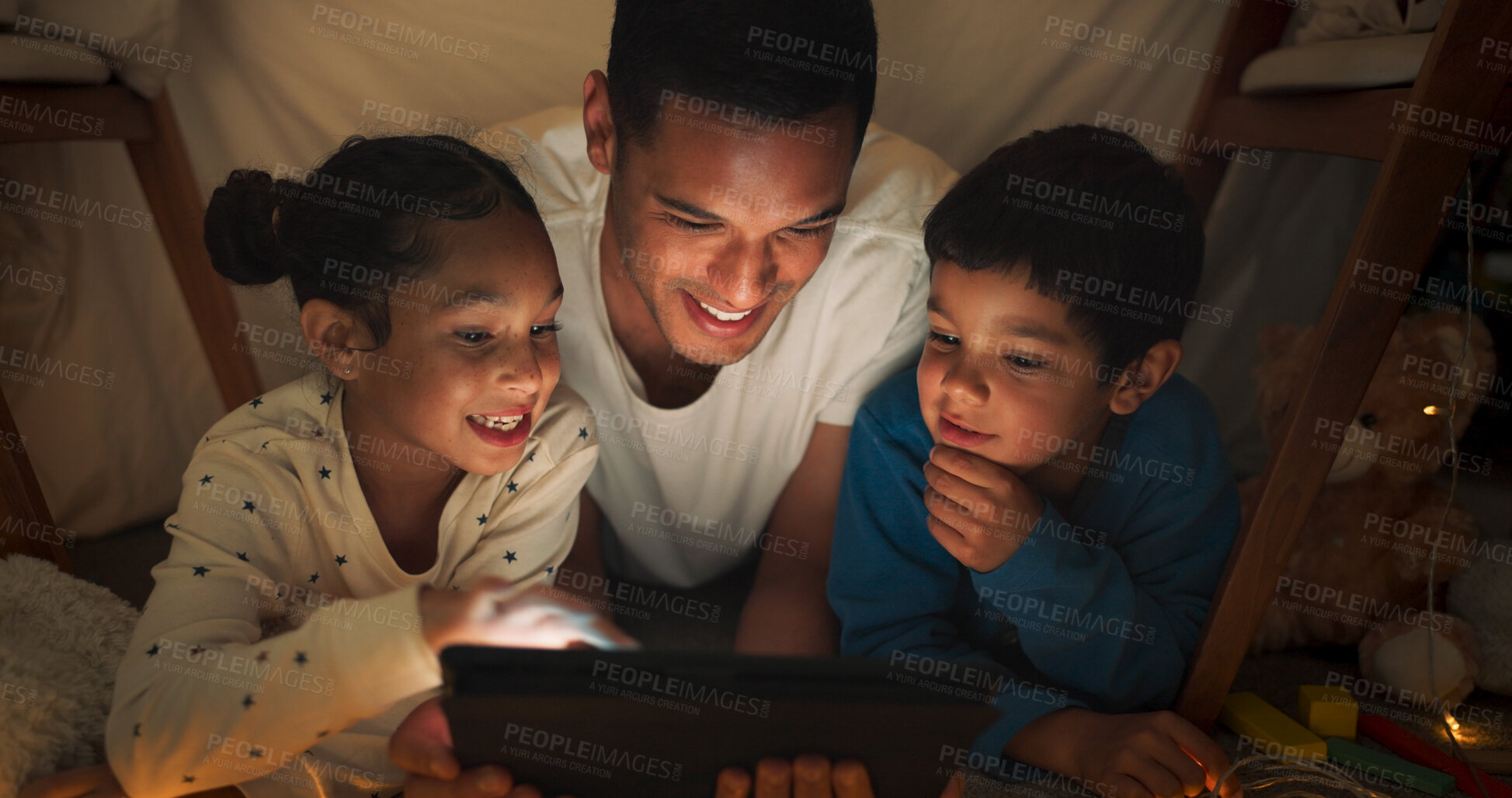 Buy stock photo Night, father and kids with tablet for movie with streaming, blanket tent and sleepover with bonding, family and happy together. Evening, dad and children with technology, pajamas or fun with cartoon