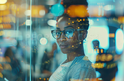 Overlay, serious and portrait of black woman in office for creative startup, pride and career. Bokeh, glasses and female person with confidence for new job, company and satisfaction at workplace