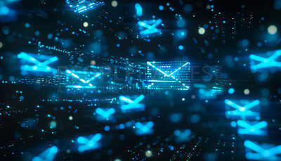 Holographic, messaging and email with icons for digital and rendering for cybersecurity, matrix or ux. Futuristic, media and innovation for information, technology and connection in AI with interface