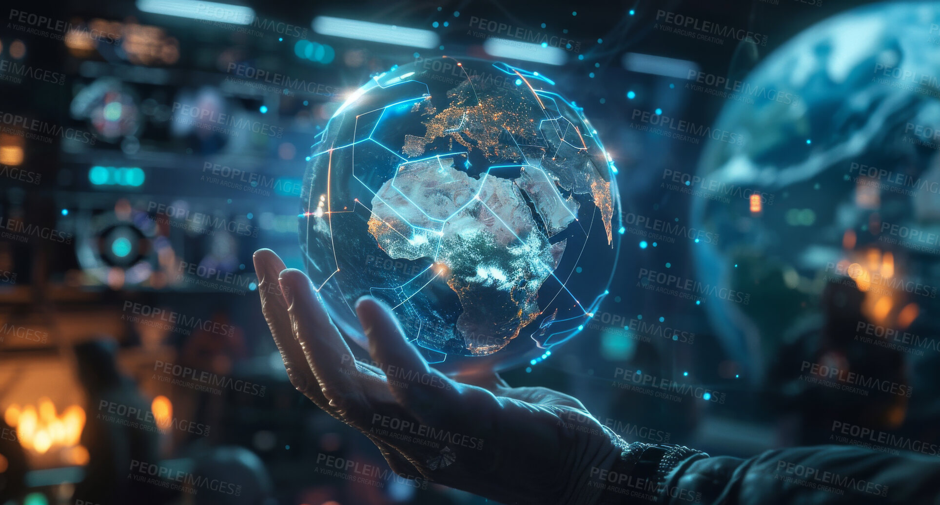 Buy stock photo Hand, world and globe with 3D hologram at night in space for total domination, Armageddon or global war. Closeup of person, leader or conqueror holding digital planet in palm for earth destruction