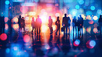 People, silhouette and business city or bokeh, urban and abstract or night workplace and office. Light, employees and workers in workspace together for corporate collaboration, professional for job