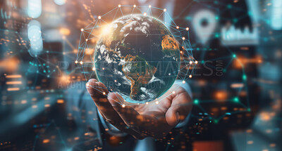 Connectivity, businessman and hand with globe for abstract, development and global networking. Overlay, earth and person with world for international trading, blockchain and ecommerce innovation
