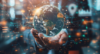 Buy stock photo Connectivity, businessman and hand with globe for abstract,  development and global networking. Hologram, earth and person with world for international trading, blockchain and ecommerce innovation