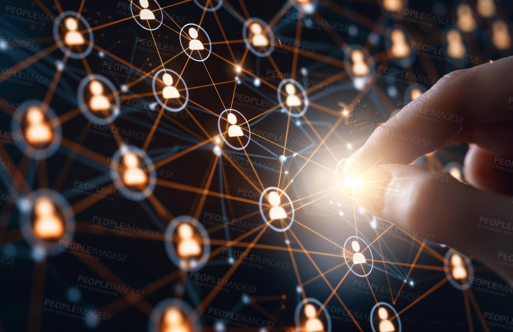 Buy stock photo Hand, business and networking contact icon or community
communication or symbol, map or globalization. Fingers, light and connection information or online interface with tech, futuristic or big data