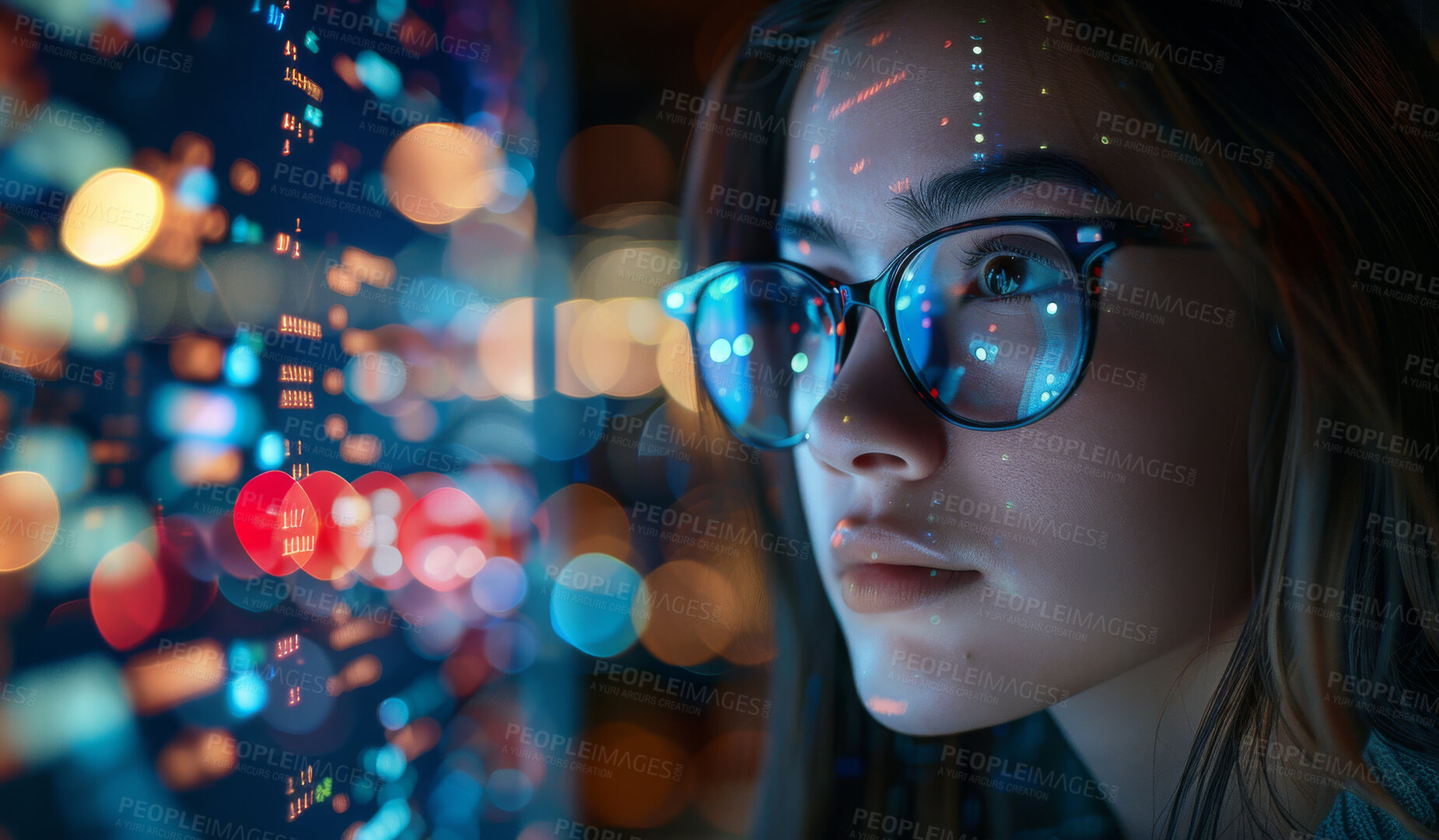 Buy stock photo Woman, hologram and futuristic for cybersecurity, code and information technology or web. Computer science, tech and future for programming, dashboard and cloud computing or digital transformation