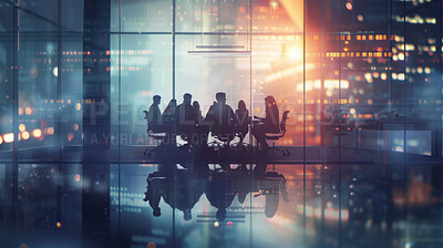 Bokeh, silhouette and business people in office for meeting, discussion or planning for job in corporate career. Employees, leadership and lens flare with light in workspace, conference room or work
