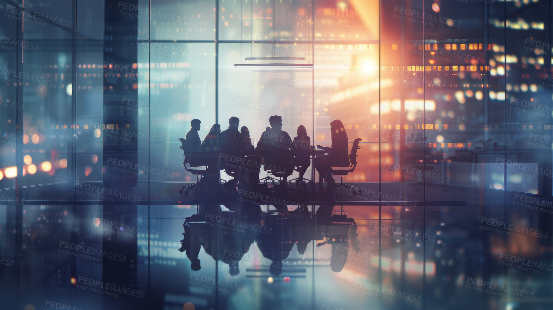 Buy stock photo Bokeh, silhouette and business people in office for meeting, discussion or planning for job in corporate career. Employees, team and lens flare with light in workspace, conference room or work