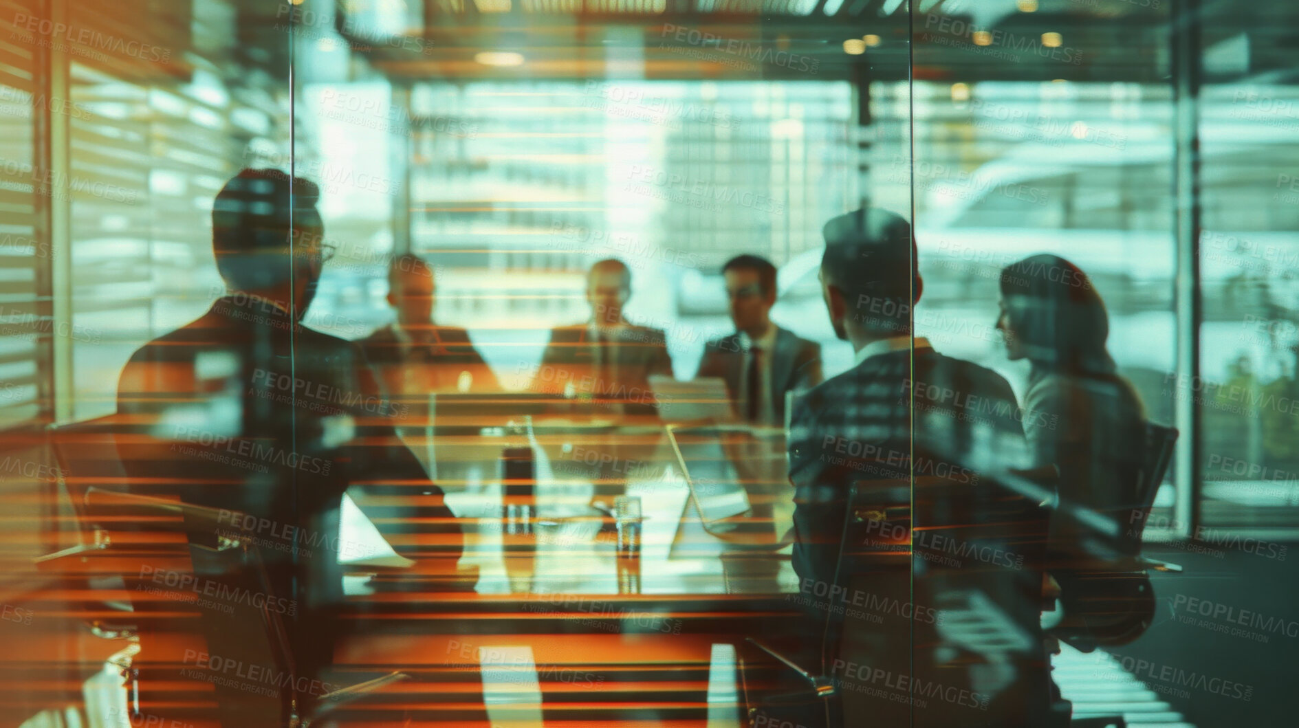 Buy stock photo Double exposure, team and business people in office for meeting, discussion or planning for job in corporate career. Employees, leadership or glass with light in workspace, conference room or work