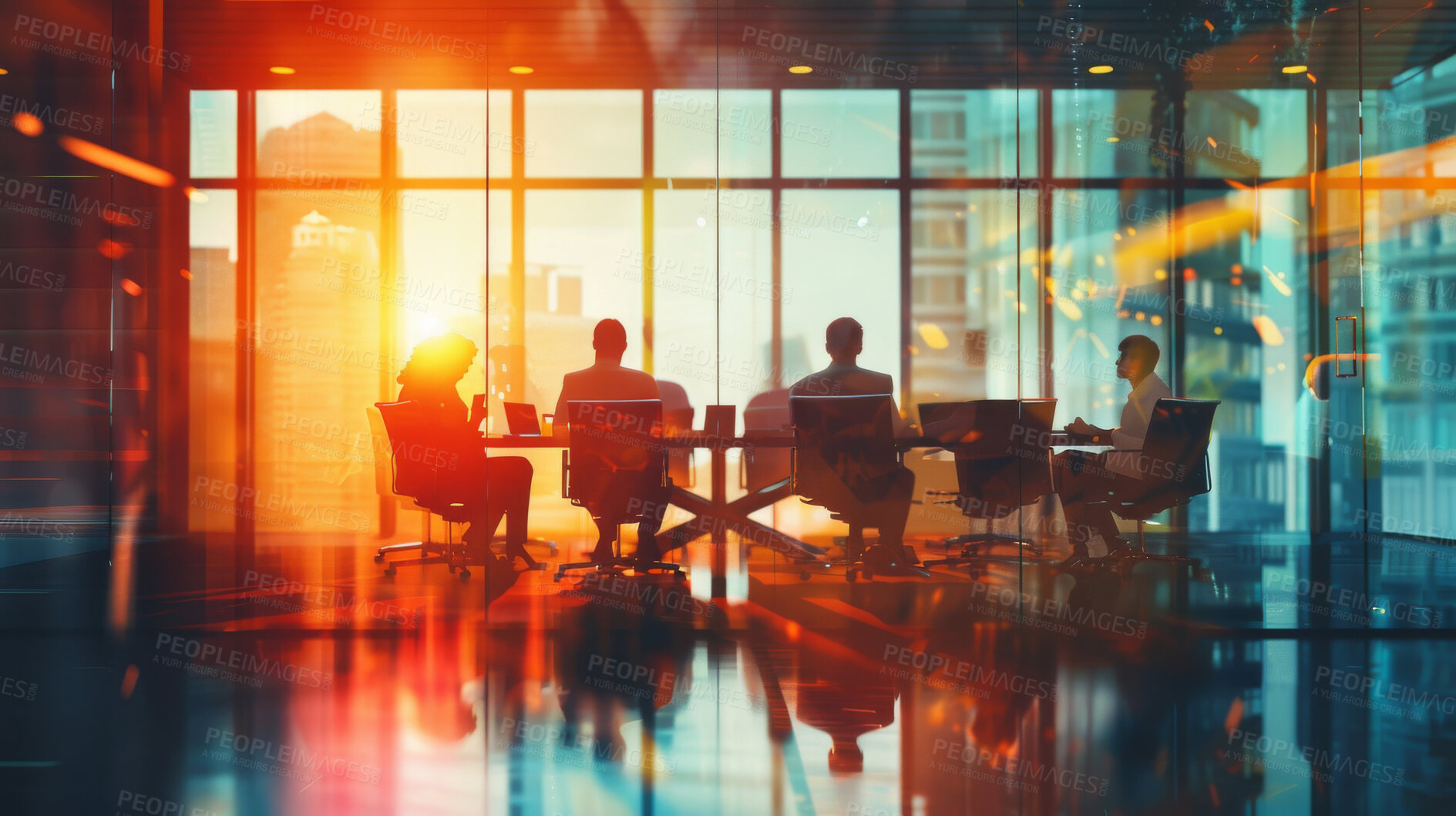 Buy stock photo Lens flare, silhouette and team of business people in office for meeting, discussion or plan for job in corporate career. Employees, leadership and sunset in workspace, conference room or working