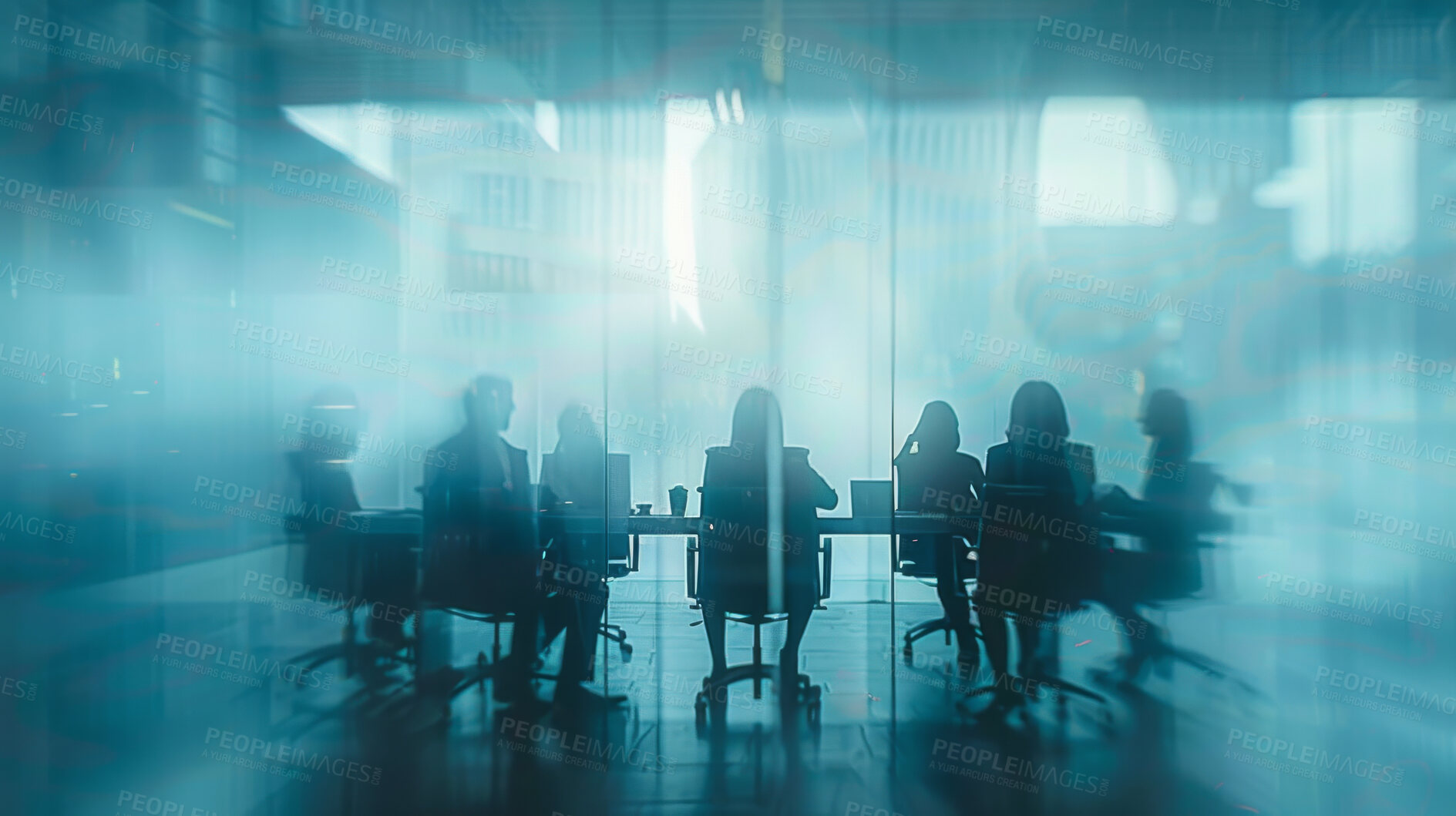 Buy stock photo Boardroom, silhouette and meeting with fog, brainstorming and communication for business. Office, conference and planning for partnership, teamwork and corporate organisation for strategy and goal