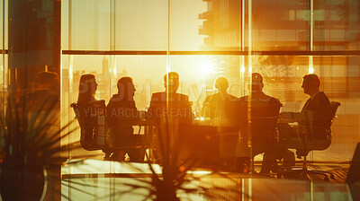 Lens flare, silhouette and business people in office for meeting, discussion or planning for job in corporate career. Employees, leadership and sunset with light in workspace, conference room or work