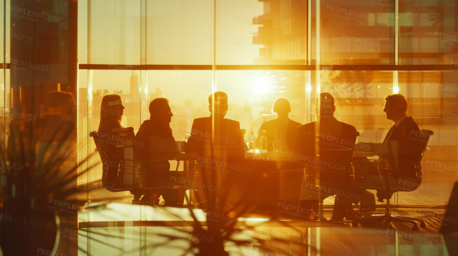 Buy stock photo Lens flare, silhouette and business people in office for meeting, discussion or planning for job in corporate career. Employees, leadership and sunset with light in workspace, conference room or work