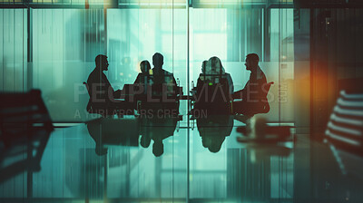 Boardroom, silhouette and meeting with strategy, brainstorming and communication for business. Office, conference and planning for partnership, teamwork and corporate organisation for discussion