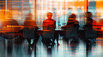Boardroom, silhouette and meeting with overlay, brainstorming and communication for business. Office, conference and planning for partnership, teamwork and corporate organisation for strategy