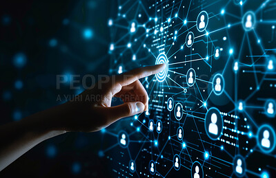Tech, icon and interface of social networks for digital intelligence, connection and research. AI, avatar and online networking with futuristic technology, big data or information with click