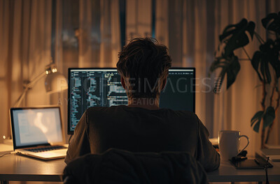 Man, computer and coding in home at night, programmer and cybersecurity for startup company. Male person, back and writing software on website or app, dark and internet for cpu system or webdesign