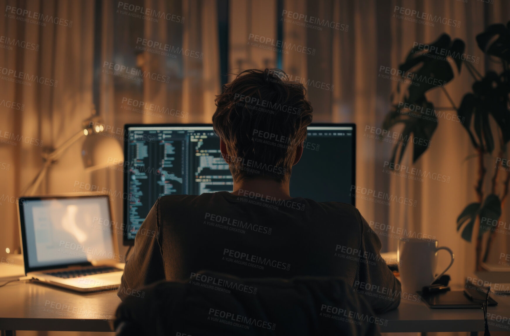 Buy stock photo Man, computer and coding in home at night, programmer and cybersecurity for startup company. Male person, back and writing software on website or app, dark and internet for cpu system or webdesign