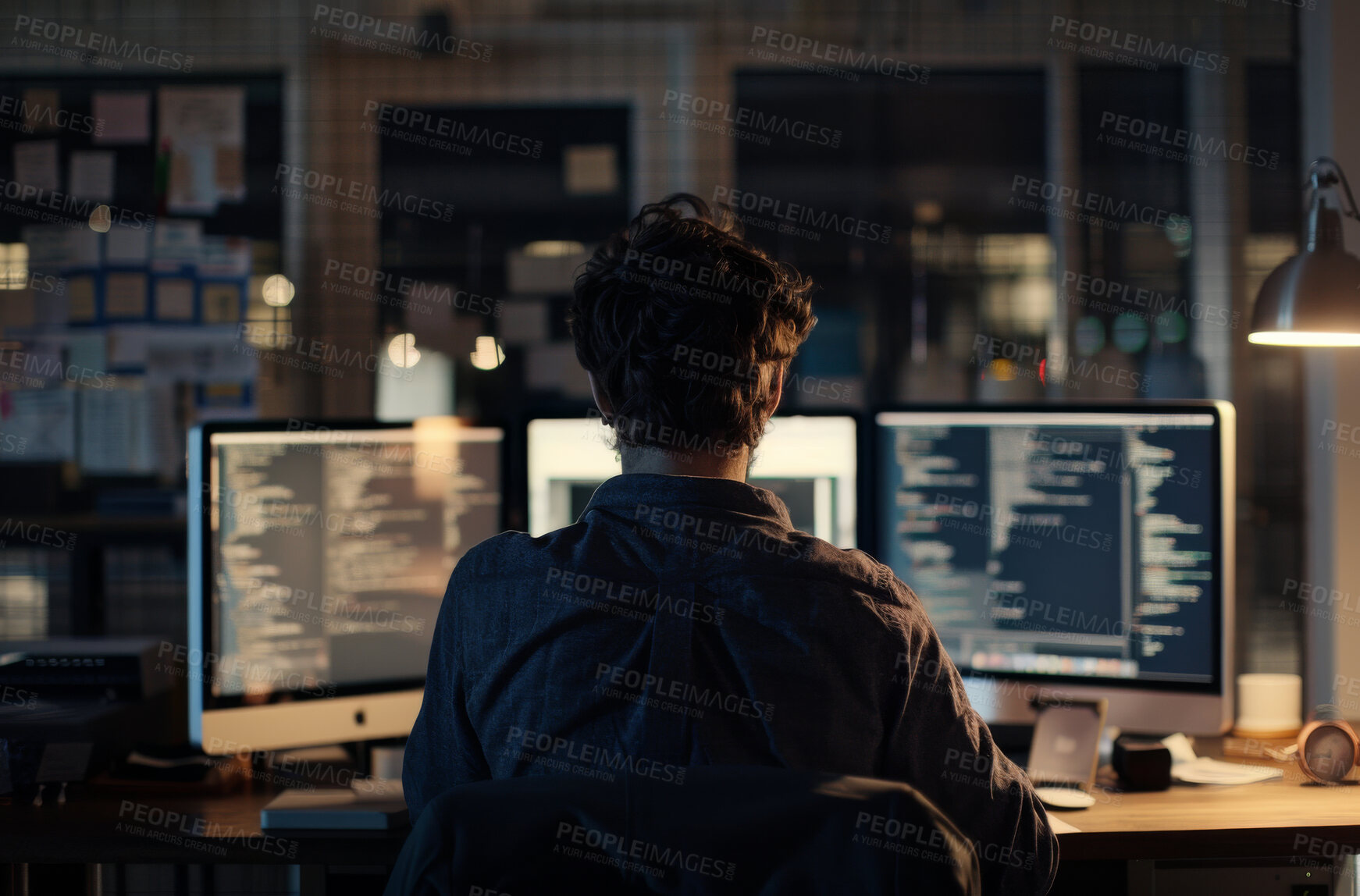 Buy stock photo Man, computer and software in office at night, programmer and cybersecurity for startup company. Male person, back and writing code on website or app, data analytics and internet for cpu system