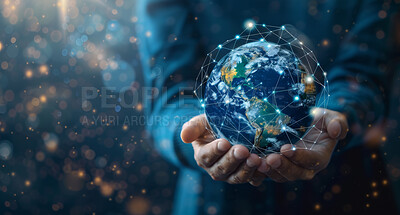 Connectivity, abstract and hand with globe for future innovation, information and global networking. Overlay, bokeh and illustration with earth for international, transformation and cloud computing