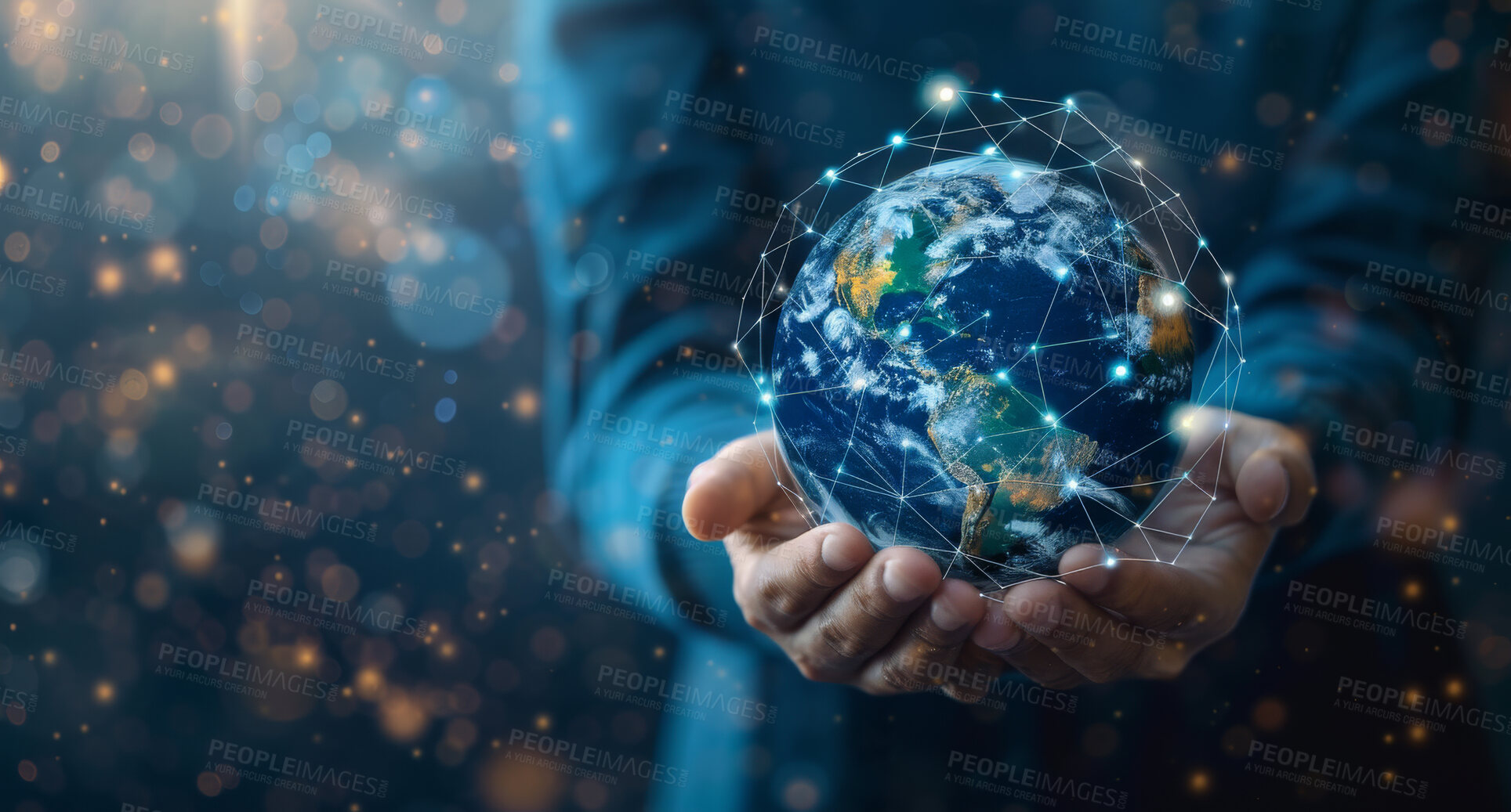 Buy stock photo Connectivity, abstract and hand with globe for future innovation, information and global networking. Overlay, bokeh and illustration with earth for international, transformation and cloud computing