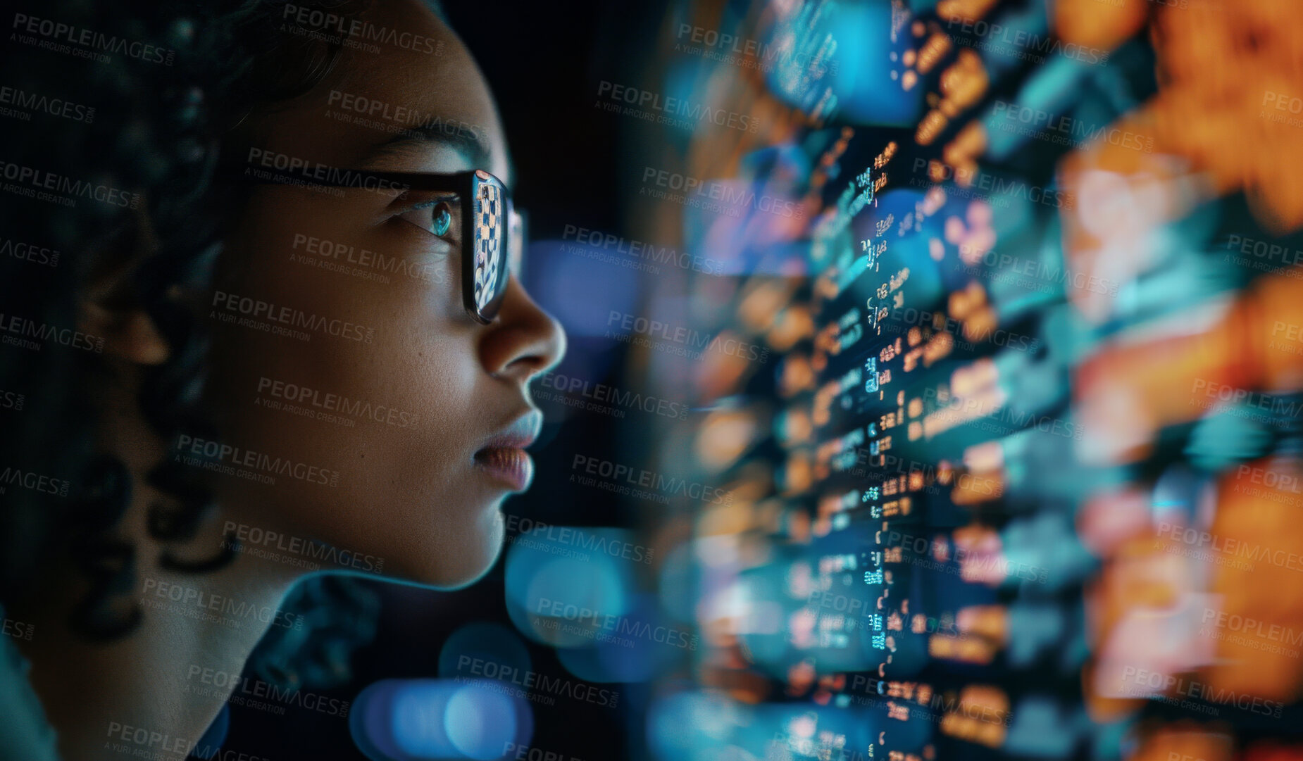 Buy stock photo Woman, coding and reading digital software, information technology or cybersecurity dashboard and hacker. Server, programming and data analysis and big data, research and female person or glasses