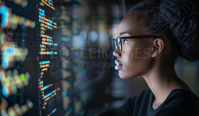 Buy stock photo Black woman, analysis and screen for information technology in database, coding and cybersecurity. African person, analyst and engineering for research, programming and software in web development