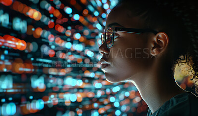 Woman, coder and thinking at night with digital interface for futuristic development or cybersecurity at office. Female person, employee or programmer working late in thought with UX, UI or hologram