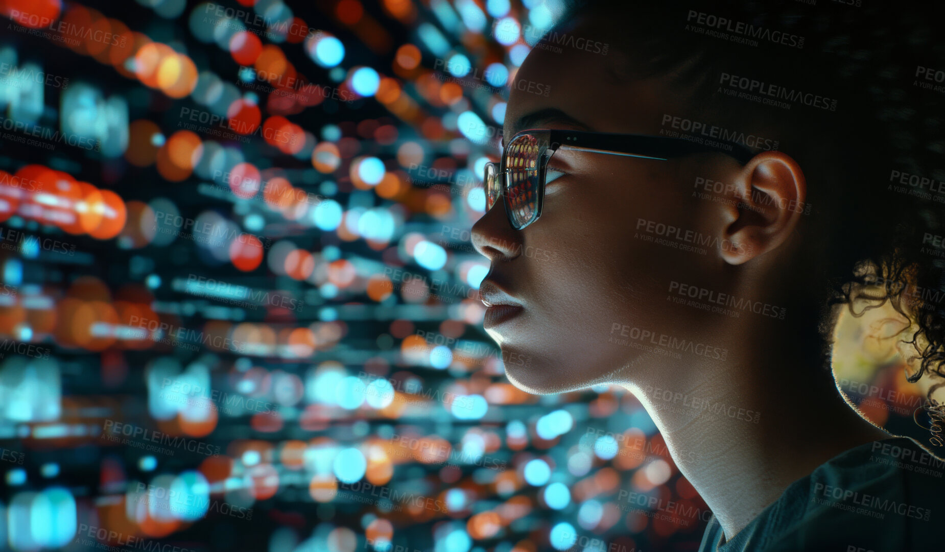 Buy stock photo Woman, coder and thinking at night with digital interface for futuristic development or cybersecurity at office. Female person, employee or programmer working late in thought with UX, UI or hologram