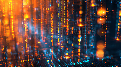 Abstract, bokeh or binary code as wallpaper, dark or holographic overlay as future design aesthetic. One, zero or lights as particles, energy or data stream of science fiction server technology