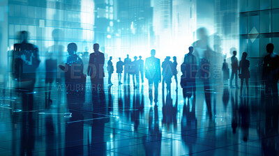 Business, people and walking in building with overlay for corporate flow or movement in workplace. Silhouette, company office and collaboration with technology, virtual display and connection