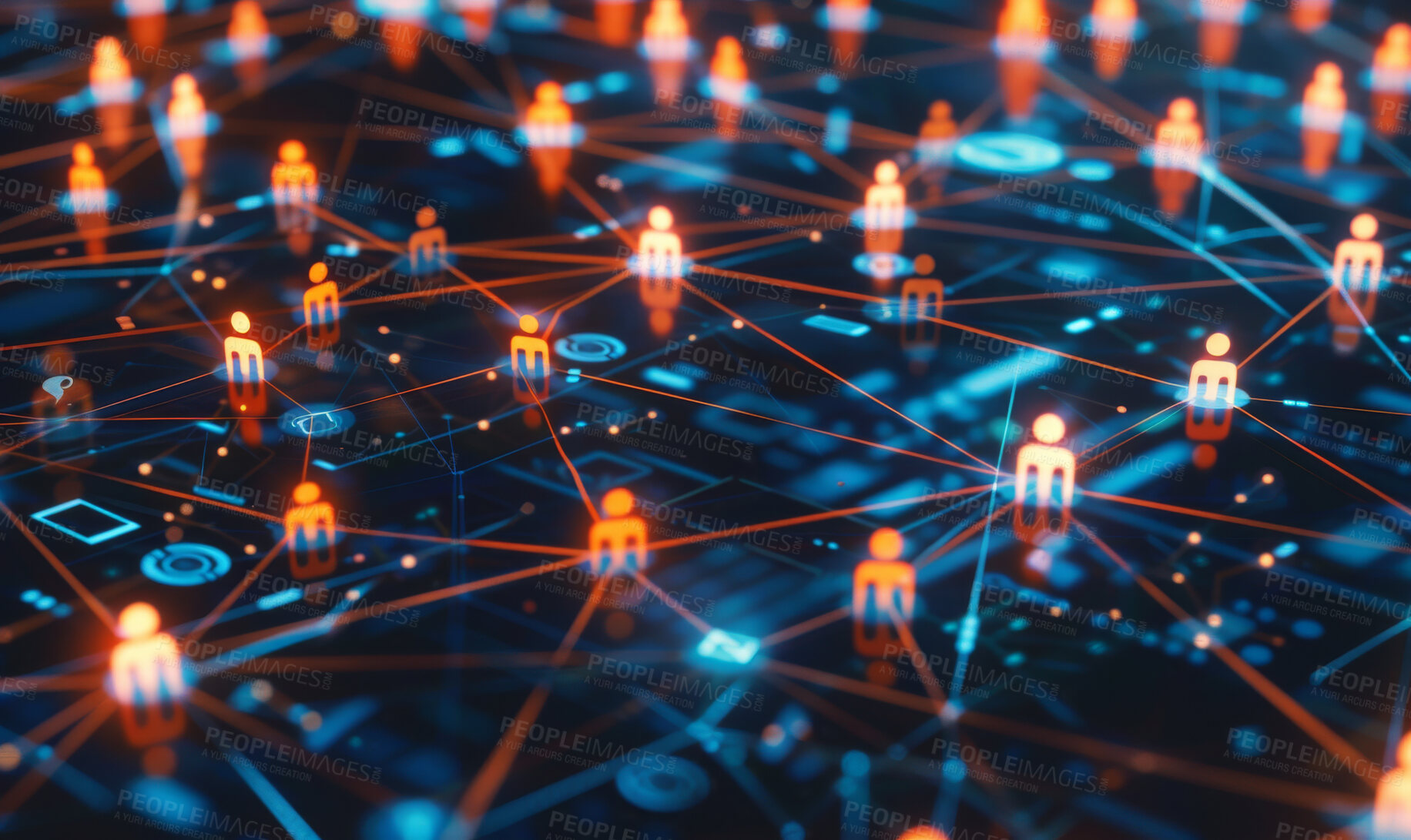 Buy stock photo Tech, hologram and network with data, global social and flow with innovation, futuristic or digital app. Blockchain, holographic or 3d illustration with cloud computing, overlay and transformation