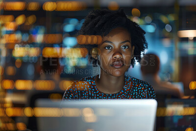 Stock market, trading and woman thinking with laptop in office for blockchain analysis on system. Coding, it and African female programmer work on technology for cybersecurity, data or software.