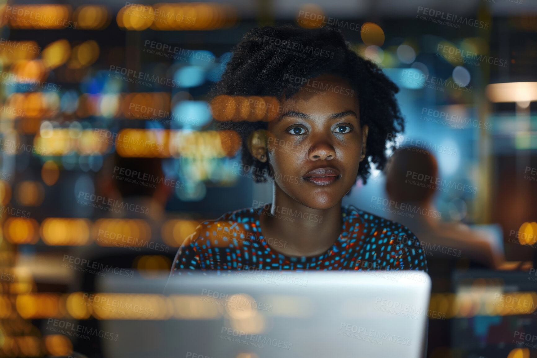 Buy stock photo Stock market, trading and woman thinking with laptop in office for blockchain analysis on system. Coding, it and African female programmer work on technology for cybersecurity, data or software.