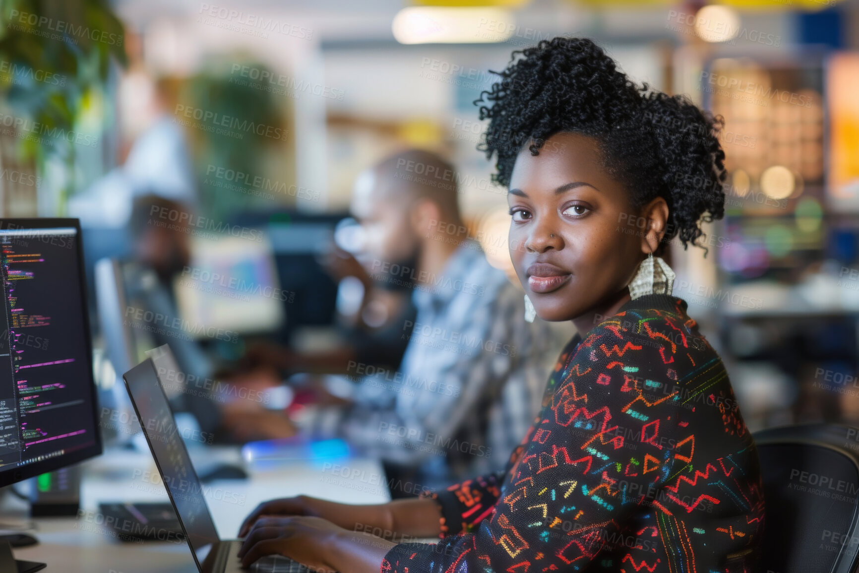 Buy stock photo Stock market, trading and portrait of woman with laptop in office for blockchain analysis on system. Coding, it and African female programmer work on technology for cybersecurity, data or software.