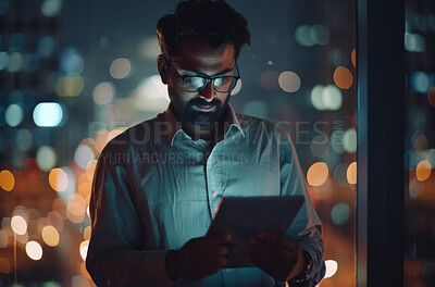 Buy stock photo Programmer, tablet and night with office, research and overtime work and email. Web designer, technology and man for website, cloud computing and networking for communication and digital startup