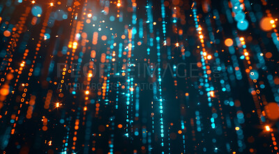 Data, binary code and software number with lights programming for processing, information or speed. Digital, futuristic and cybersecurity for developing connection or server, computing or database