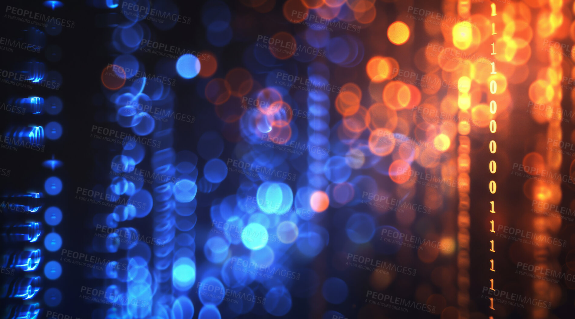 Buy stock photo Abstract, bokeh or glow of binary code, art or data as storage, cybersecurity or cloud computing. Lights, lines or dots of zero, one or color as energy pattern of transformation on dark web stream
