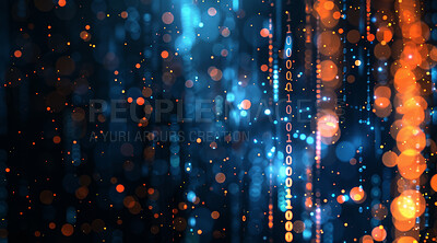 Abstract, bokeh or lights as binary code, art or data as storage, cybersecurity or cloud computing. Glow, lines or dots of zero, one or color as energy pattern of transformation on dark web stream