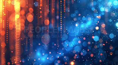 Bokeh, binary code or lights in science fiction, abstract or art as pattern of energy on wallpaper. Zero, one or dots as creative, hologram or overlay as cosmic, futuristic or time travel on dark web