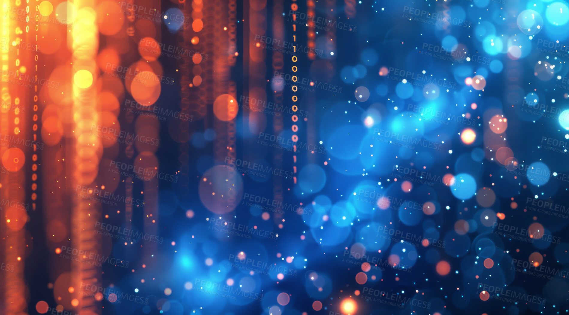 Buy stock photo Bokeh, binary code or lights in science, abstract or art as pattern of energy on wallpaper. Zero, one or dots as creative, hologram or overlay as cosmic, futuristic or time travel on dark web