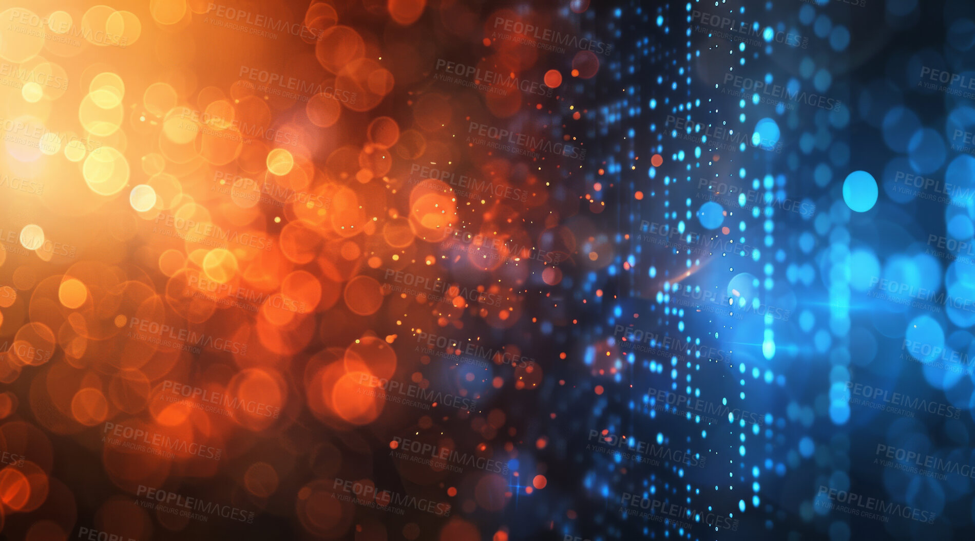 Buy stock photo Abstract, bokeh or lights on dark, space or particles as overlay graphic as future design aesthetic. Blue, red or flare in pattern art of energy as stars, science fiction or burst on night wallpaper