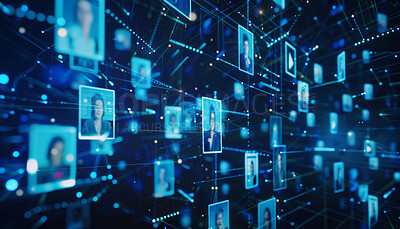 Tech, icon and avatar of social networks with people for digital connection, demographic and internet. Double exposure, media and online networking with futuristic technology, big data or information
