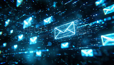 Email, hologram and icon with symbol, connection and abstract with sign and notification. Empty, holographic or communication with emoji or electronic service with creativity or internet with website
