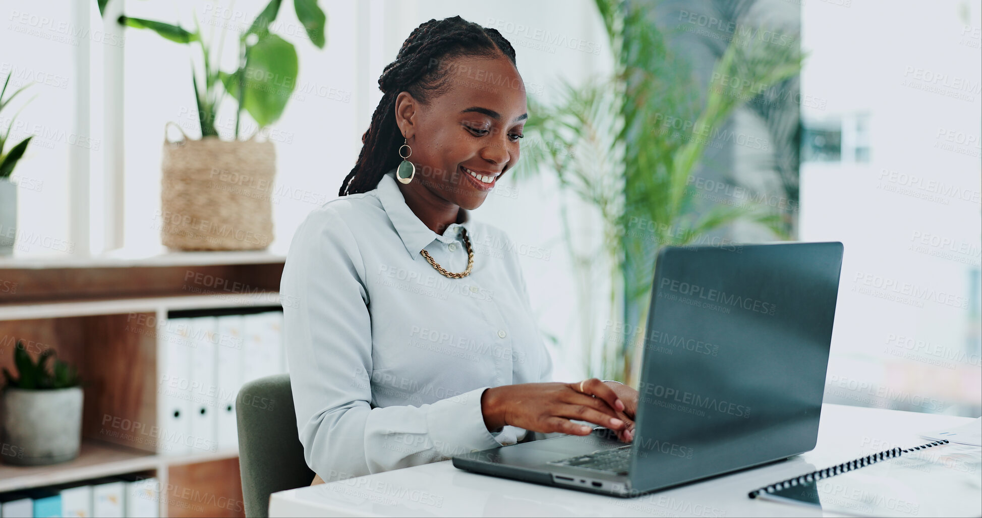 Buy stock photo Business woman, thinking and laptop for online research in office and information on digital tech at desk. Black person, editor and inspiration on internet and creative writing on computer on blog