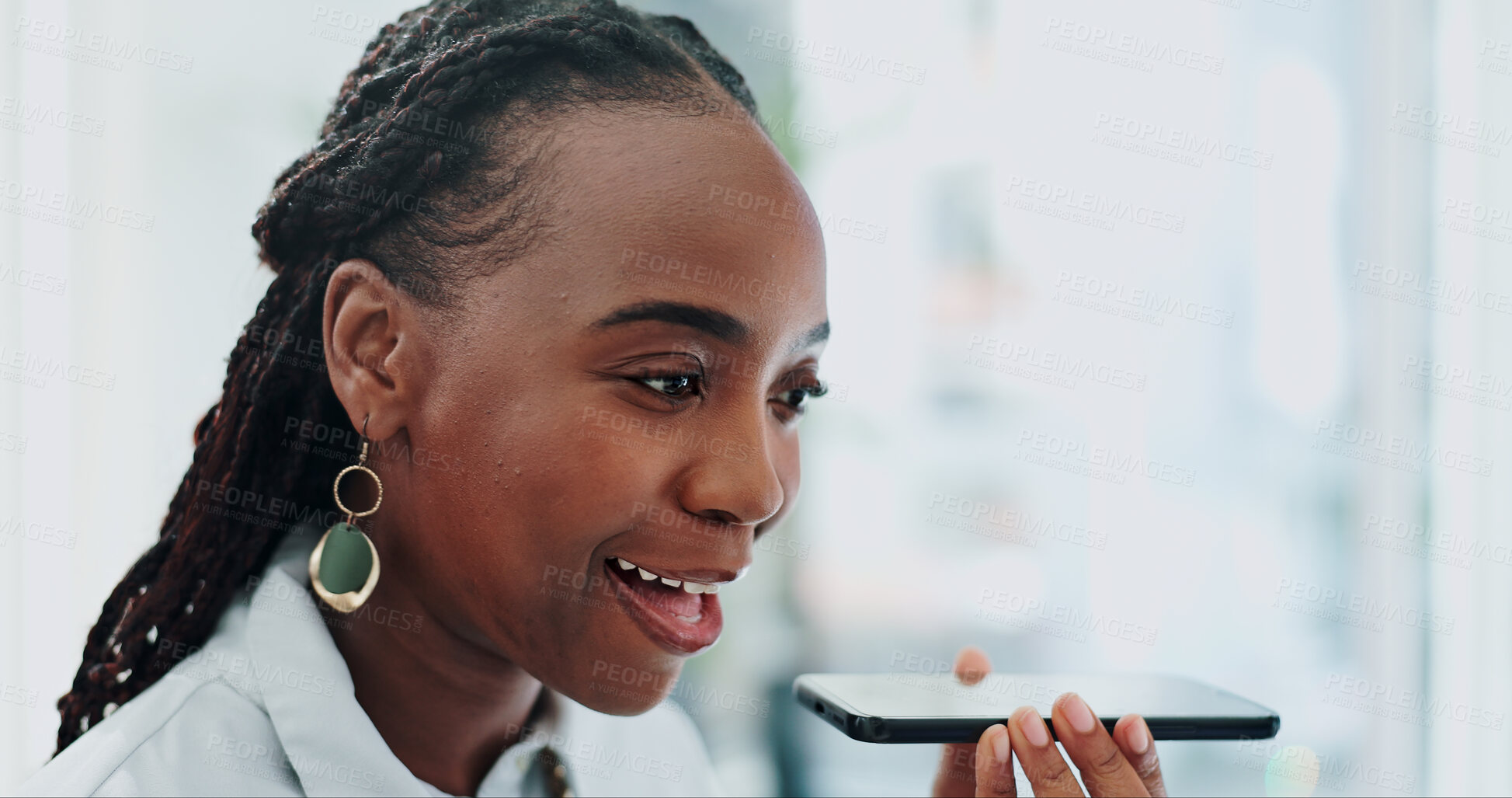 Buy stock photo Black woman, business and voice note with phone for conversation, message or recording at office. African female person or employee talking on mobile smartphone speaker or mic for discussion or audio